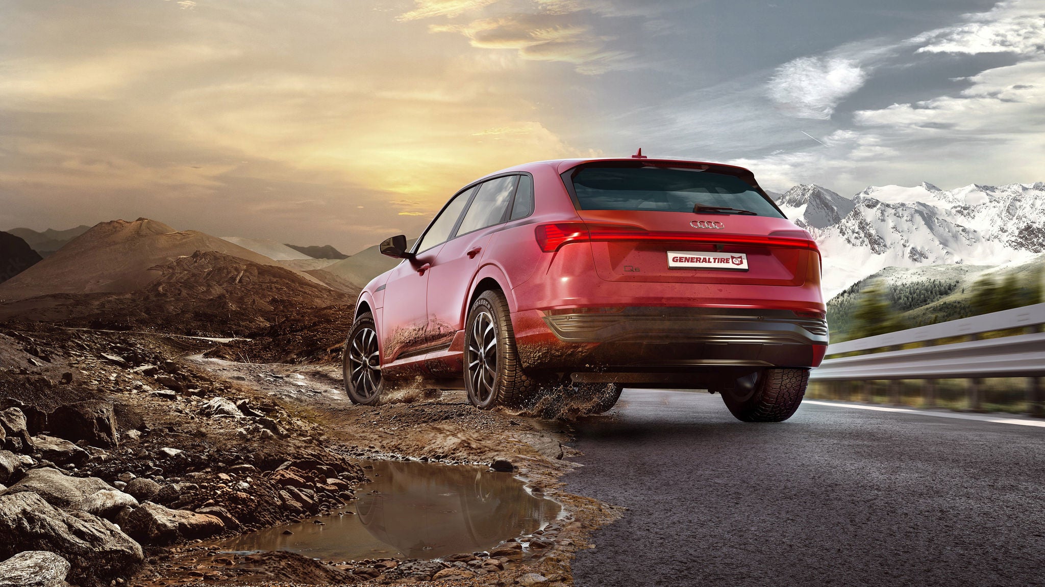 Red Audi with general tyres